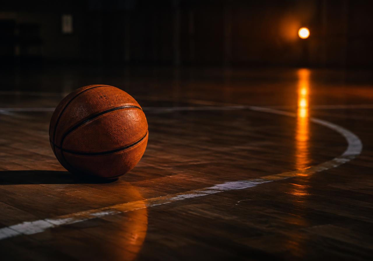 Basketball resting on a hardwood court at night